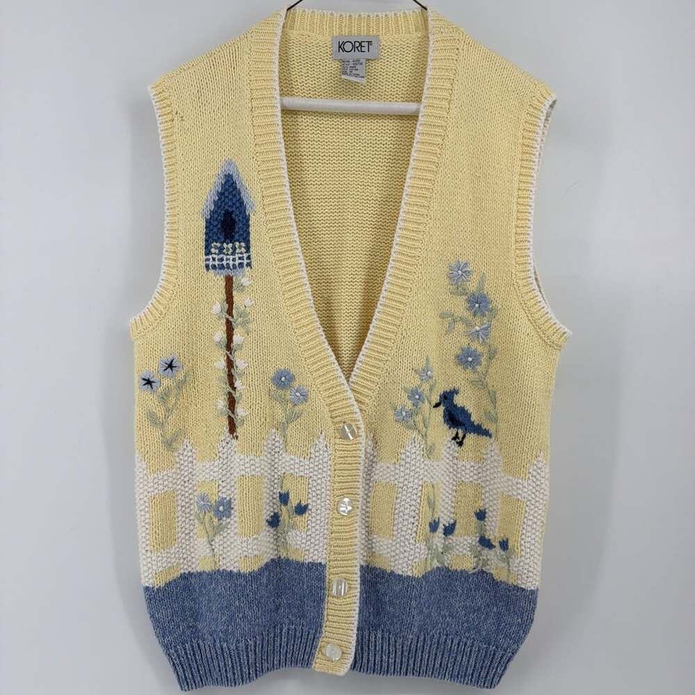 Koret Sweater Vest Bird Embroidered Granny Cottage Core Vintage Medium Yellow